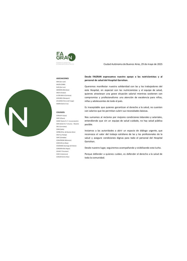 Desde FAGRAN expresamos nuestro apoyo a las nutricionistas y al personal de salud del Hospital Garrahan.