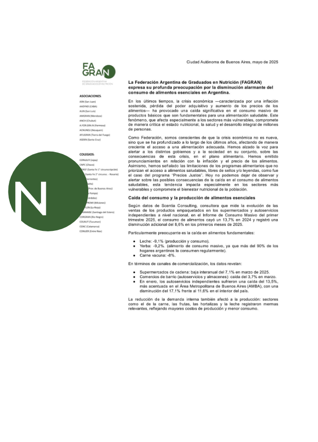 La Federación Argentina de Graduados en Nutrición (FAGRAN) expresa su profunda preocupación por la disminución alarmante del consumo de alimentos esenciales en Argentina