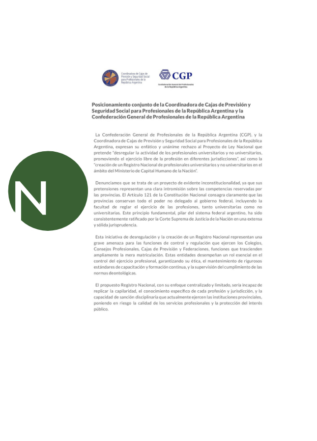 Posicionamiento conjunto de la Coordinadora de Cajas de Previsión y Seguridad Social para Profesionales de la República Argentina y la Confederación General de Profesionales de la República Argentina