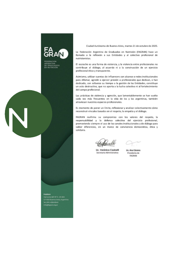 La Federación Argentina de Graduados en Nutrición llama a reflexionar sobre la violencia y el respeto en el ámbito profesional.