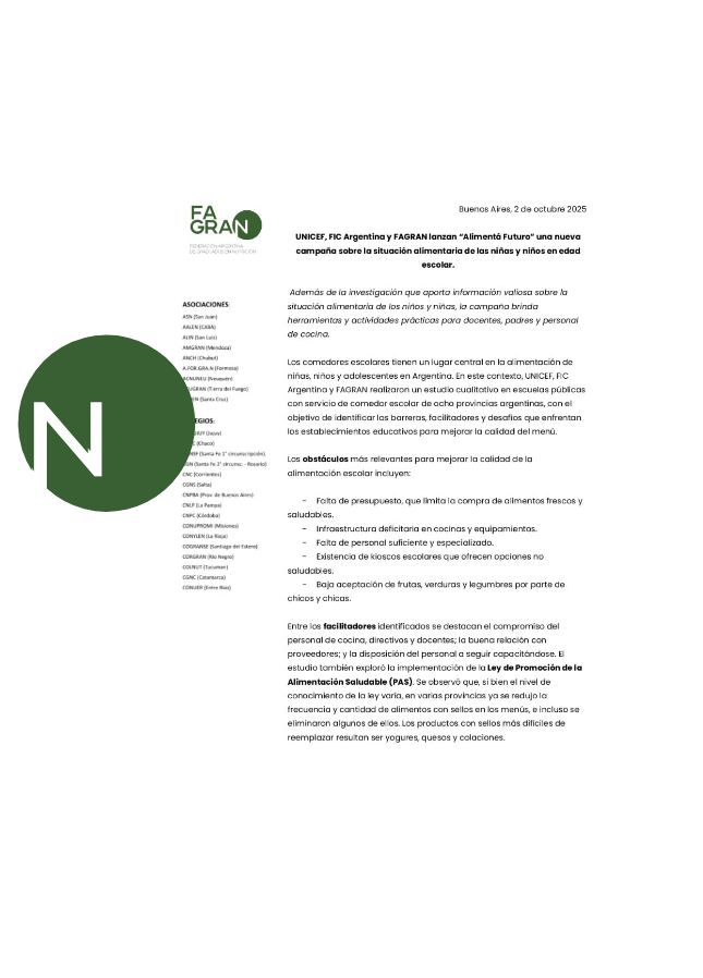 UNICEF, FIC Argentina y FAGRAN lanzan “Alimentá Futuro” una nueva campaña sobre la situación alimentaria de las niñas y niños en edad escolar.