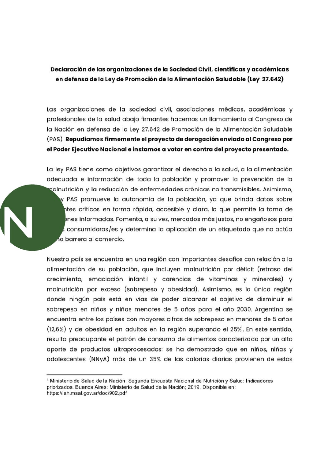Declaración de las organizaciones de la Sociedad Civil, científicas y académicas en defensa de la Ley de Promoción de la Alimentación Saludable (Ley 27.642)