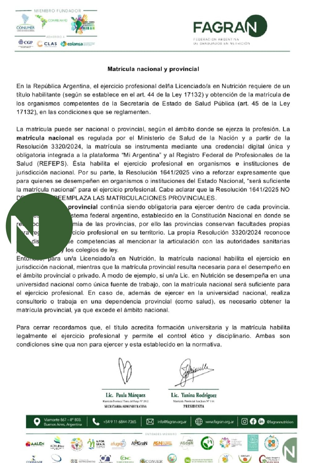 Matrícula nacional y provincial