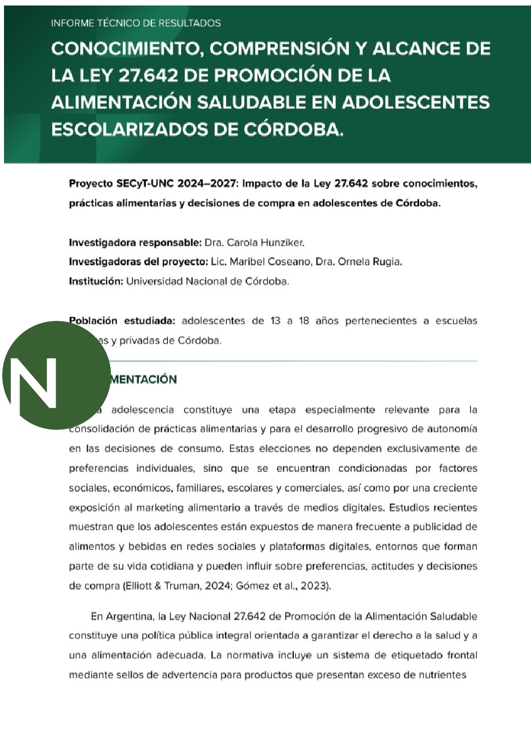 CONOCIMIENTO, COMPRENSIÓN Y ALCANCE DE LA LEY 27.642 DE PROMOCIÓN DE LA ALIMENTACIÓN SALUDABLE EN ADOLESCENTES ESCOLARIZADOS DE CÓRDOBA.