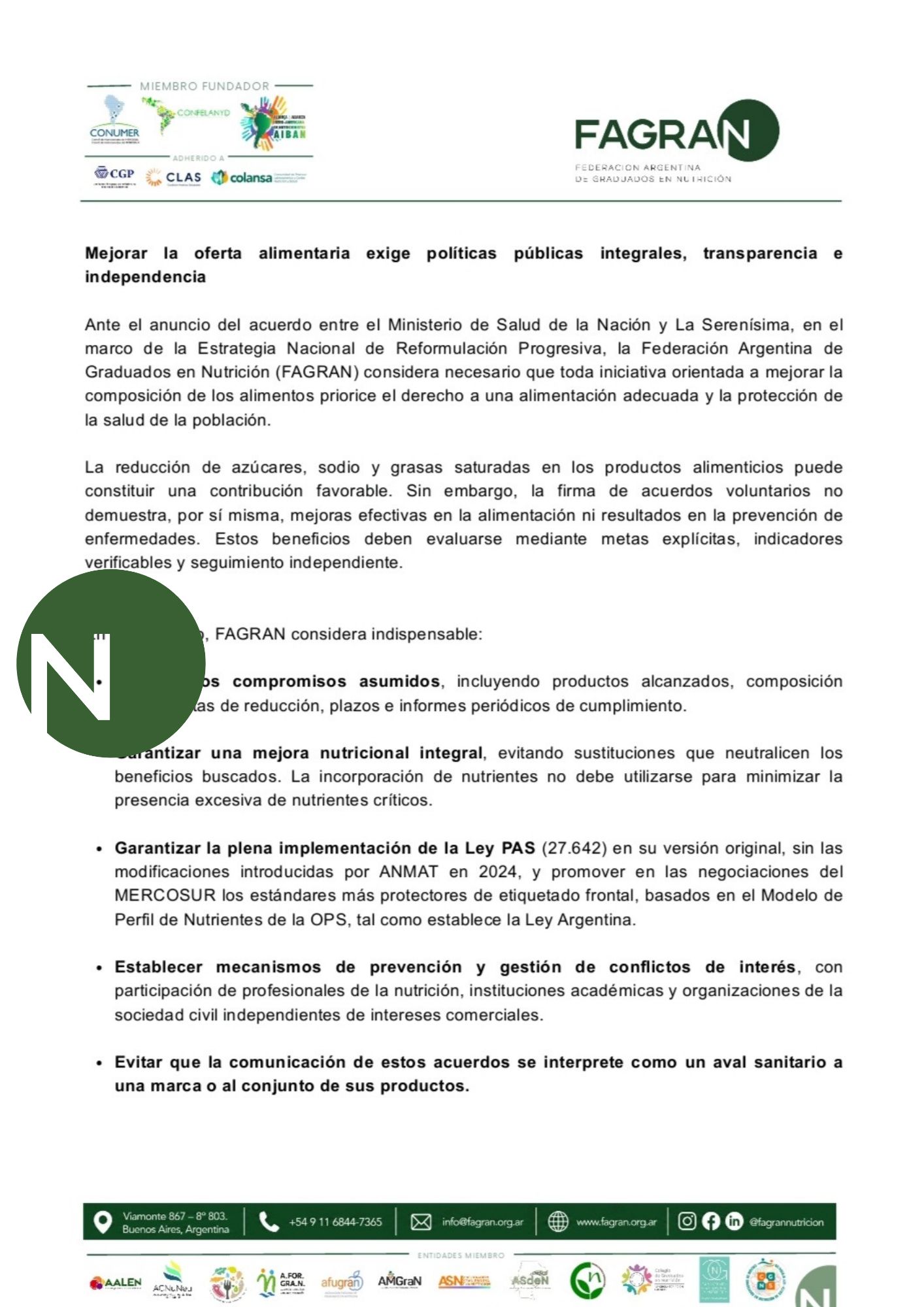 Mejorar la oferta alimentaria exige políticas públicas integrales, transparencia e independencia