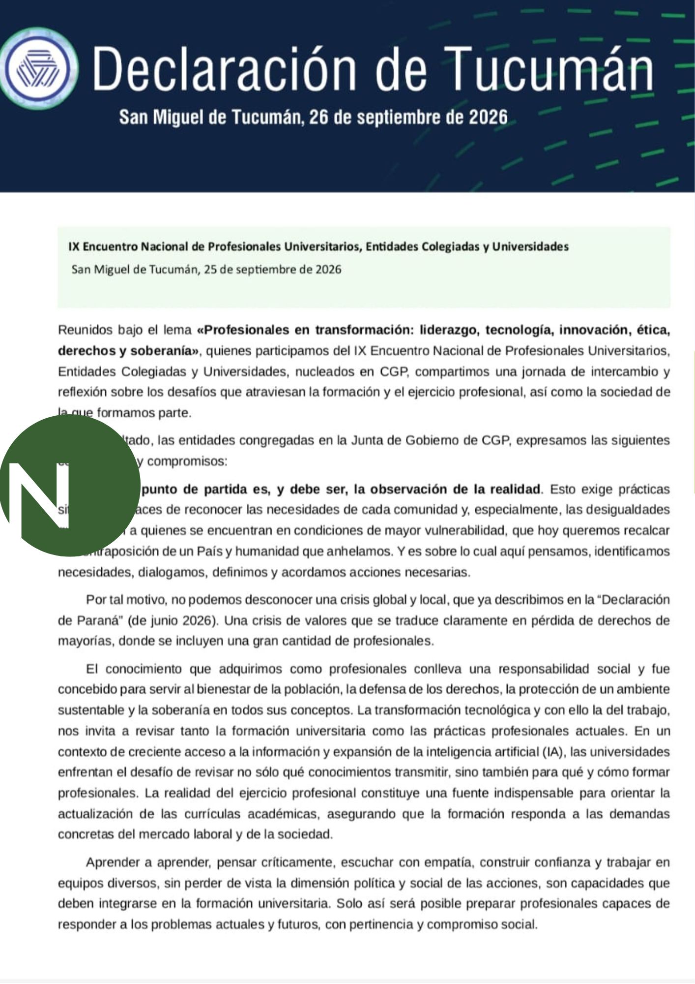 DECLARACIÓN DE TUCUMÁN – CGP 2026